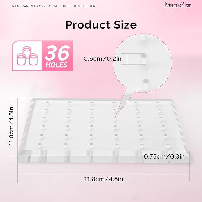 MelodySusie Nail Drill Bits Holder with 36 Holes, Visible Sturdy and Compatible with 3/32" Acrylic Drill Bit Organizer and Storage for Salon & Home, Square（not include bits）
