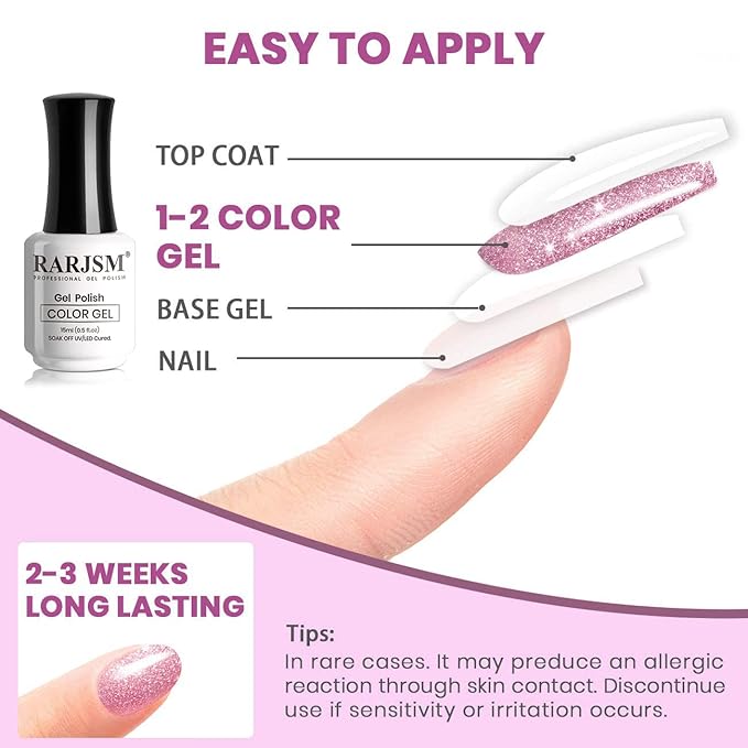 RARJSM Reflective Glitter Gel Nail Polish,Pink Sparkle Gel Nail Polish,Flash Diamond GelPolish Soak off UV LED Curing Requires 15ml Single Bottle for Home Salon Diy Nail Manicure Decoration