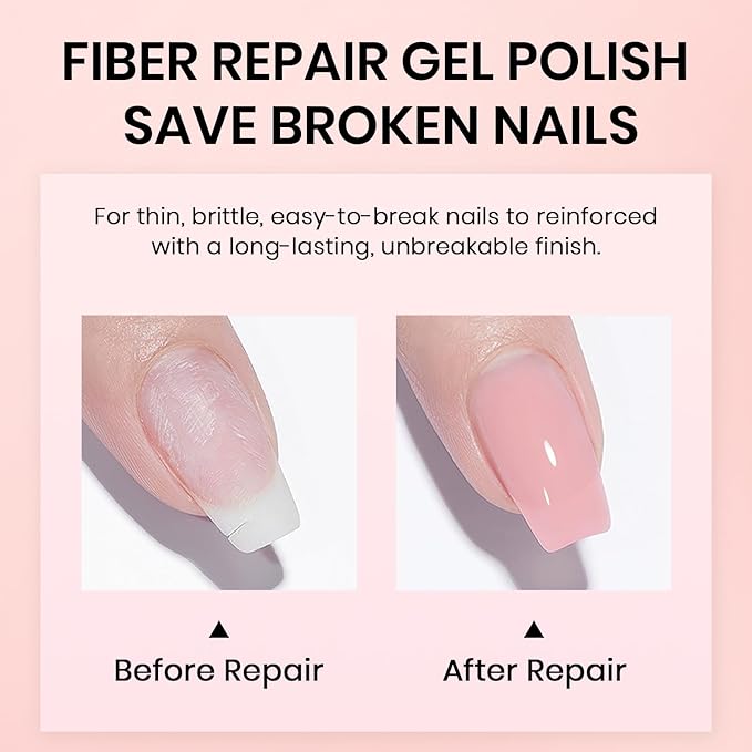 RARJSM Nude Sheer Cherry Blossom Pink Fiber Glass Rubber Base Gel Nail Polish for Repair Broken Nails StrengthenerGel Base Coat Transparent Brush on Building Gel in a Bottle Curing Requires 15ml