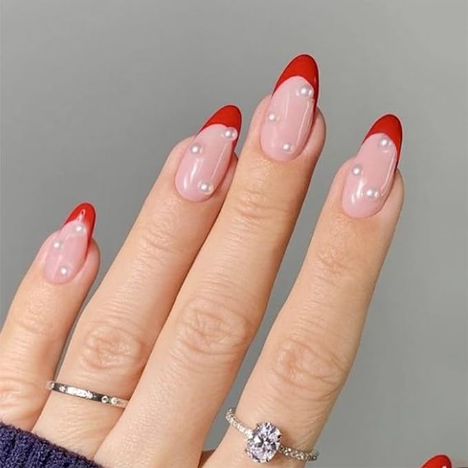 Rde French Tip Press on Nails Almond Medium Fake Nails with Design Pearl False Nails Press ons Glossy Full Cover Acrylic Glue on Nails Cute Artificial Stick on Nail for Women Manicure 24Pcs