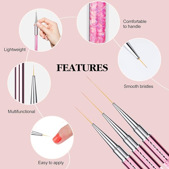 SAVILAND 6pcs Nail Art Liner Brushes & 5pcs Multi-Size Dotting Tools Set - Nail Brush Gel Polish Painting Nail Art Design Brushes Pen with Crushed Diamond Rhinestone Handle for Pulling Lines