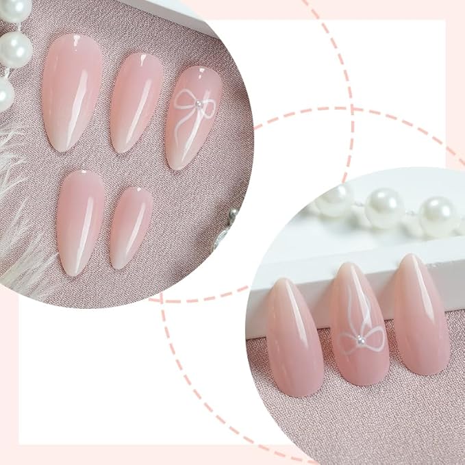Press on Nails Almond White Gradient French Fake French Fake Nails Reusable Nail Kit with Glue Adhesive Tabs Mini Nail File for Women Manicure Nail Art Decoration 24PCS