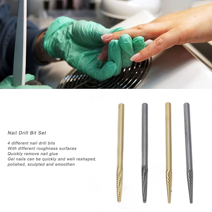 Nail Art Drill Bits Set, Reliable Strength Tungsten Steel Quickly Shaping Nail Grinding Heads Remove Nail Glue 4pcs for Nail Salon