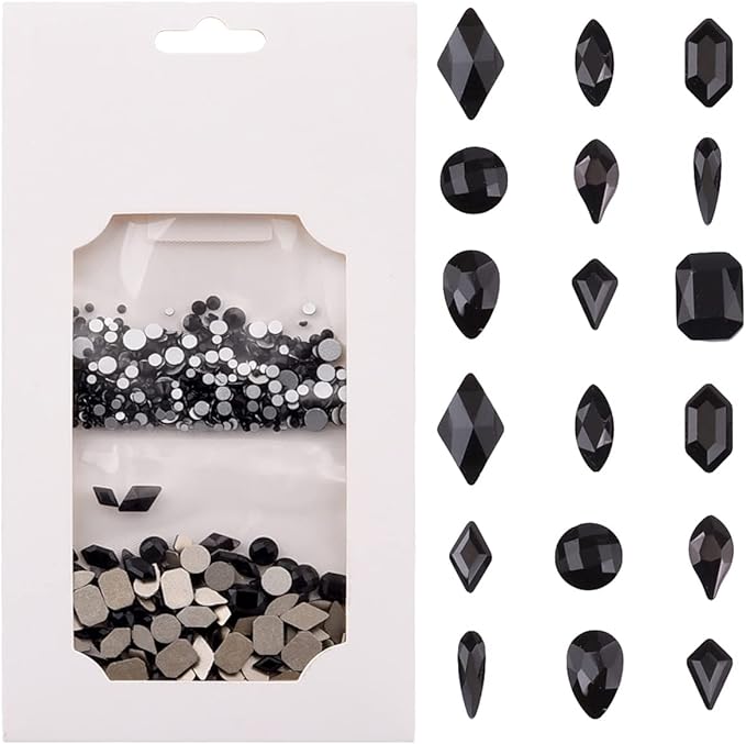 820pcs Mix 10 Shapes Flatback Black Nail Rhinestones Loose Round Beads Diamond Assortment Decoration Glass Charms for Nails Supply