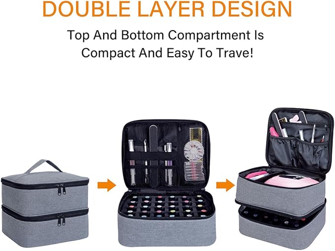Nail Polish Organizer, Handheld Double Layer Organizer Holds 30 Bottles (15 ml/0.5 floz) with Adjustable Dividers for Nail Polish Small Manicure Lamp Manicure Tools Essential and Travel,Gray
