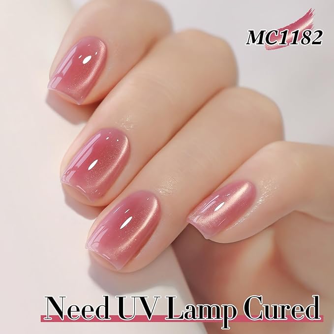 Double Rhythm 0.5 Oz Cat Eye Gel Polish with Magnet Same Color Same Bottle Holographic Glitter Shimmer Translucent Color Salon 15 ML Magnetic Nail Art (Rose Pink-MC1182)