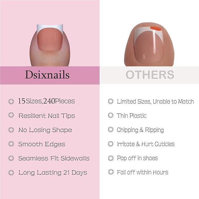 240Pcs Toe Press on nails, Short Square Brown Toe Nail Press Ons for Women in 15Sizes, French Tip False Toenails Extension, Soft Gel Toe Nail Tips, Acrylic Full Cover Fake Toenails for Girl