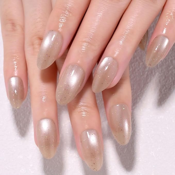 Light Brown Press On Nails Short Oval Cute Shimmer Acrylic Fake Nails, Jelly Glossy Full Cover Glue on Nail For Reusable Fall Artificial Stick on Nails for Salon Quality Nail Women 24 Pcs