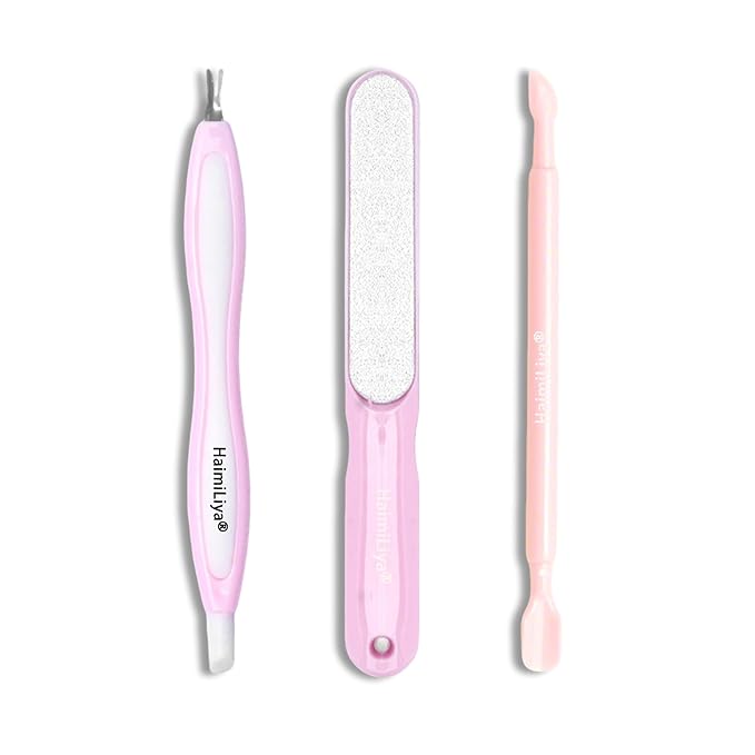Classic 3Pcs Manicure Set, Gentle Plastic Pusher, Double-ended Cuticle Fork, Sandpaper File, At-Home Mani Essential, Pink