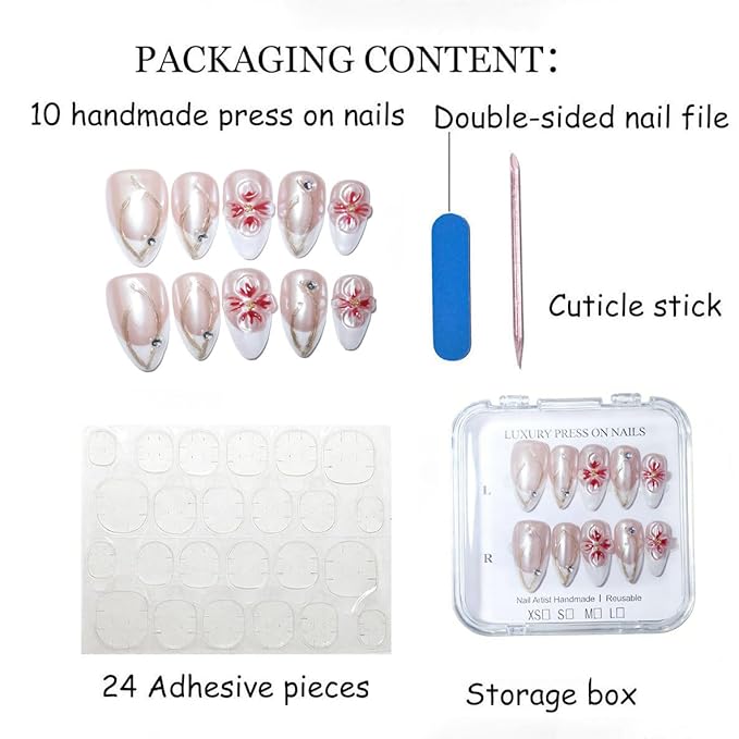 10 Medium Almond Handmade Press On Nails |Pearl Nude Pink French Tip Fake Nails with 3D Red Floral, Gold Line Art & Rhinestone Accents | Easy Apply & Remove, Reusable Salon Quality (5U07, M)