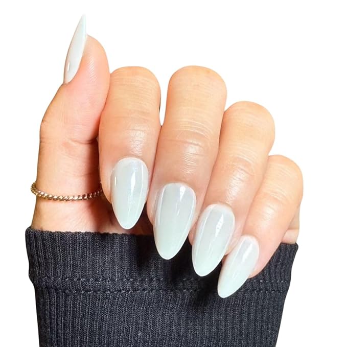 Maniology Press-On Nails Icebeam | Short Almond Shape Nail Tips – White Chrome Magnetic Base Finish Manicure Designs, Reusable, Durable & Easy Application, 30-Piece 15 Sizes False Nails Kit