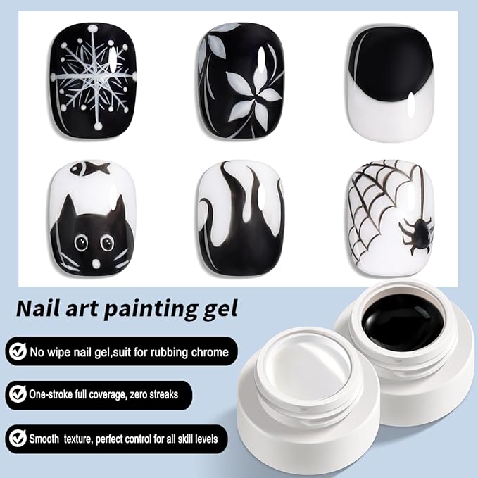 Gel Paint for Nails Art, 2PCS Black and White Gel Nail Polish No Wipe for French Tips Flowers Drawing Ombre Design UV/LED Curing Needed with Brush Pen & Sponges Home Manicure Salon Supplies
