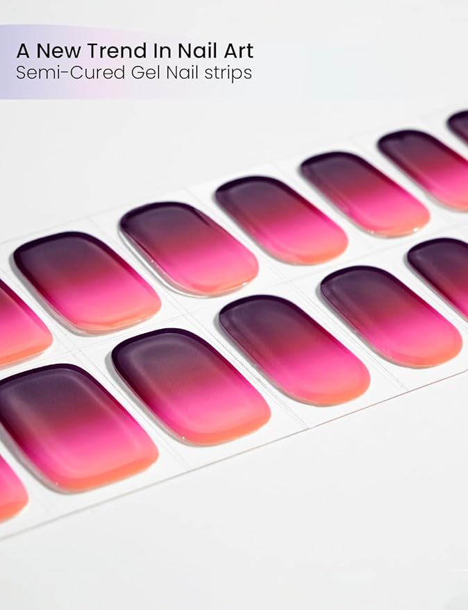 Semi Cured Gel Nail Strips | Built-In Gel Top Coat | UV Light Required | Salon Quality, Easy Application And Removal (Ethereal Fuchsia）