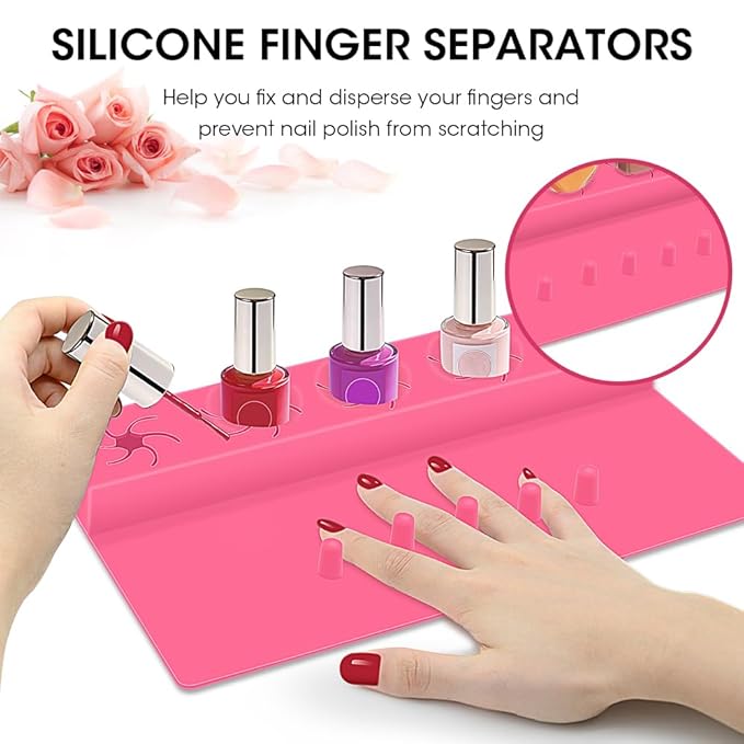 Nail Polish Holder,Silicone Hand Rest Mat Fingernail Painting Tools 2 in 1 Art Accessories Organizer Case Set with Anti-Spill Bottle Stand and Finger Separators for Pedicure Manicure-Rose Red