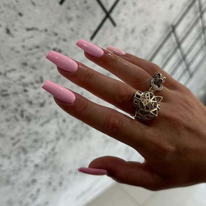 KQueenest Baby Pink Press on Nails Long Medium Square, Light Rose Pink Fake Nails Medium Coffin, Glossy Sheer Color Acrylic Nails Press ons, Reusable Bright Soft Gel Glue on Nails for Women Summer