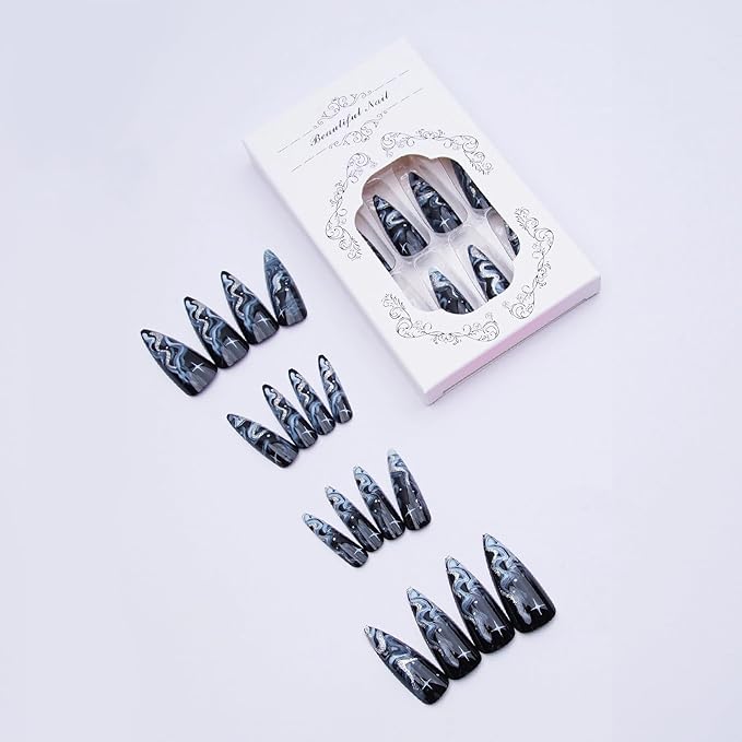 MISUD Press on Nails - Long Stiletto Fake Nails with Black, Acrylic Bling Silver Glitter Design 24 pcs