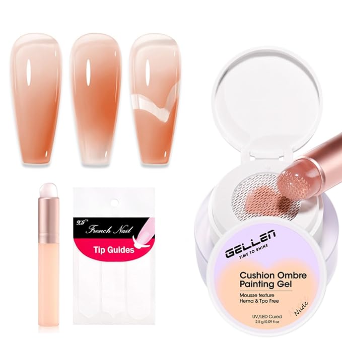 GELLEN Nude Patting Gel Polish, Cream Cushion Gradient Painting Gel for Ombre Aura, French Nail Art, Pat Paint Gel for Drawing Liner with Silicone Brush & 36pcs French Tip Guide