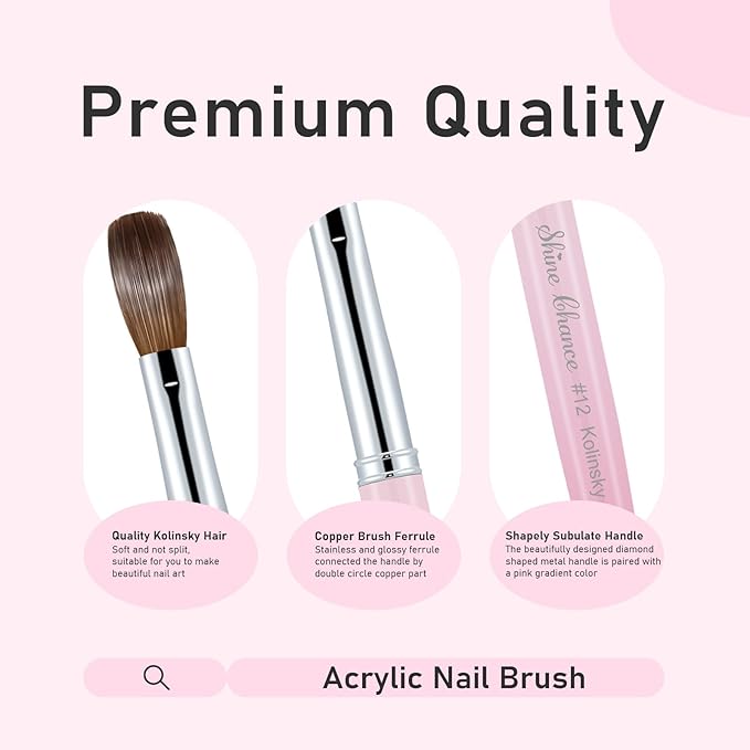Acrylic Nail Brush Size 08, 100% Pure Kolinsky Nail Brush for Acrylic Application, Professional Nail Extension Manicure Tool Nail Drawing Pen for DIY Home Salon(Pink)