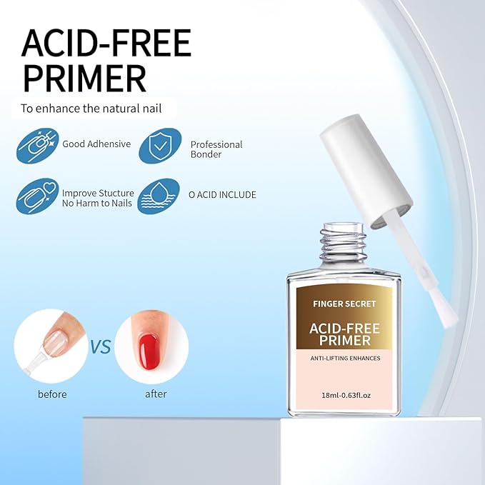 Acid-Free Primer and Nail Prep Dehydrator Ph Bonder for Gel Polish Poly Gel Flase Press on Nail Acrylic Nails Fast Dry Prep Kit for Design Art No Lift 18ml