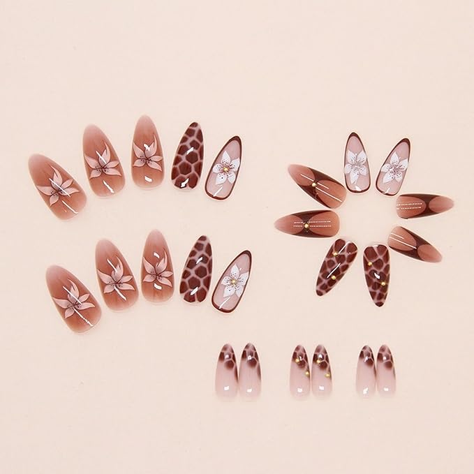 Handmade Medium Almond Press on Nails MABKJLF Red French Tip Fake Nails False Nails with Flower Cherry Leopard Print Gold Bow Designs Glossy Glue on Nails Stick on Nails for Women Girls 24Pcs