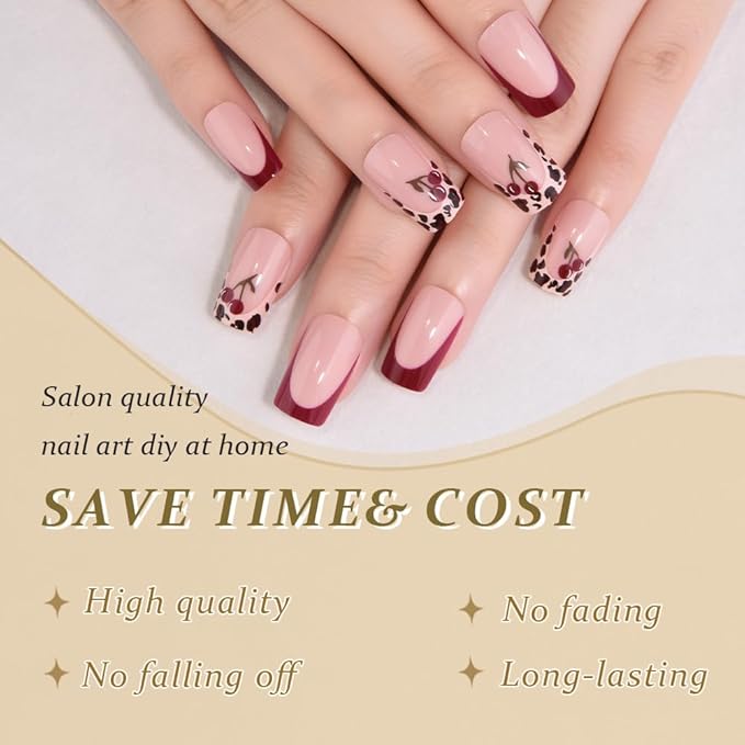 evpct Spring & Summer Press on Nails Medium Square, Cherry Fake Nails Press ons with 3D Pattern Design, Light Weight Perfectly Fit Fake Nails for Women Gift, Fake Nail Kit with Kits Gel, 24Pcs