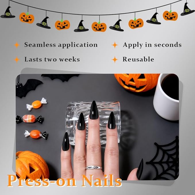Halloween Press On Nails Medium Long Stiletto Almond, Acrylic Press On Nails, Ghost Designer Reusable Fake Nails, Artificial Nail Hallows' Day, Glue On Nail Press Ons for Women