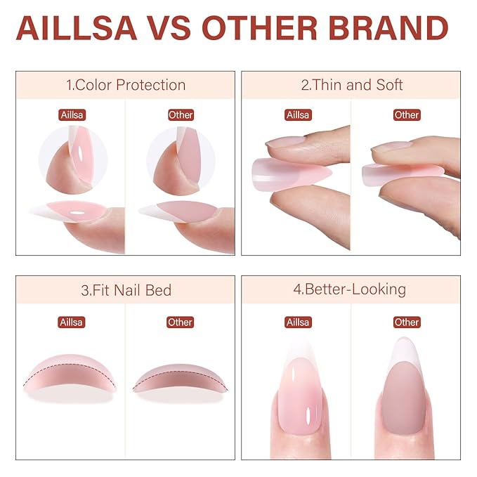 AILLSA French Gel Nail Tips,180 Pcs Pink Medium Almond French Tip Press On Nails, Pre-Applied Primer & Base Coat, No Need File, Almond Fake Nails Press ons with Designs 15 Sizes