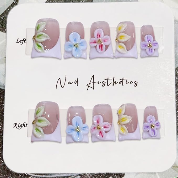 Short Duck Press on Nails Colorful 3D Flower False Nails Designs White French Tip Handmade Press on Nails Full Cover Thick Acrylic and Muti-Layer Stick on Nails for Women Nails Art (S)