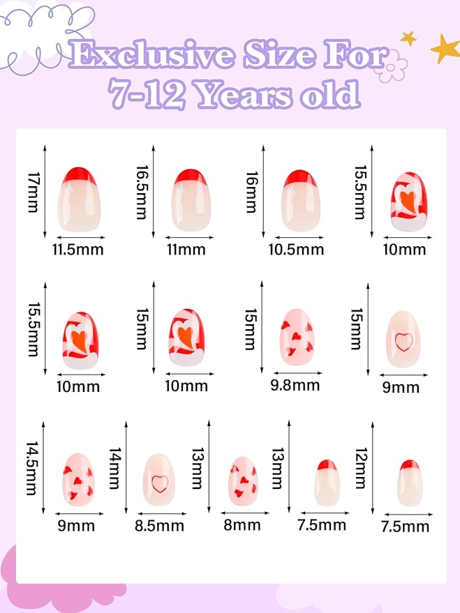 78 Pieces Press on Nails for Kids, EBANKU 3 Pack Kid Fake Nail Kit Red Heart Press on Nails for Girls 8-12 Years with Nail Builder Glue