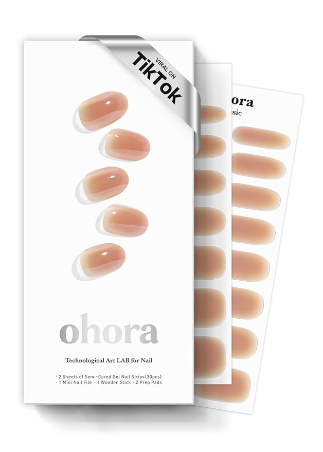 ohora Semi Cured Gel Nail Strips (N Sienna Veil) - Works with Any Lamps, Salon-Quality, Long Lasting, Easy to Apply & Remove - Includes 2 Prep Pads, Nail File & Wooden Stick