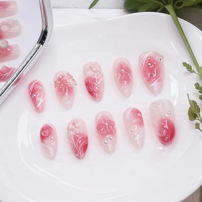 Pink Gradient Press on Nails Handmade Press on Nails Medium Almond Fake Nails Muti-Layer Gel Acrylic Nails with Flower Pearl Bow Embossed Design Thick False Nail Glue on Nail for Women (Size S)
