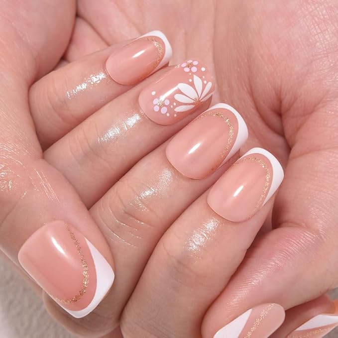 3D French Press on Nails Short Square with Flower Design, Nude Nail + White Tip Glossy Stick on Nails for Women with Kit, Reusable Soft Gel Stick on Fake Nail with Gold Line Designs Perfectly Fit