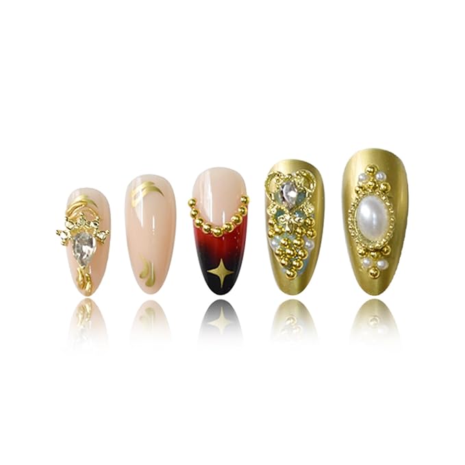 Almond Press on Nails Medium Fake Nails Gold Artificial Nail with Rhinestones and Gold Charm Designs French Tip Sparkly Stick on Nail for Women 24pcs