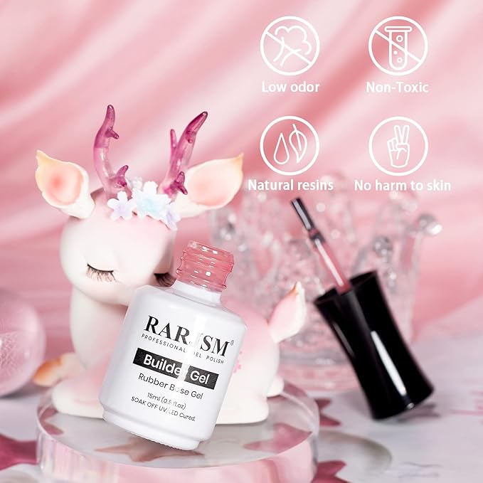 RARJSM Rubber Base Gel for Nails Sheer Pink,Builder Extension Gel,Rubber Base Coat Nude Gelpolish,Shimmer Natural Pink GelNailPolish Nail Strengthener Soak Off Curing Requires 1 Bottle 15ml