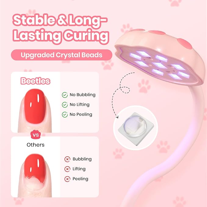Beetles Gooseneck UV Nail Lamp - Meowgic StrawPurr Mini LED Nail Light with 3 Timer and Countdown Display Flash Cure Lamp for Gel Polish Nails Glue Builder Gel Smart Sensor Cordless Nails Dryer
