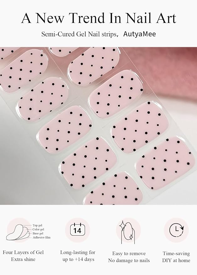 Semi Cured Gel Nail Strips (Black Polka Dot), Bare Pink, 20 Pcs Gel Nail Wraps, Stickers, Long Lasting, Works With Any UV Lamps