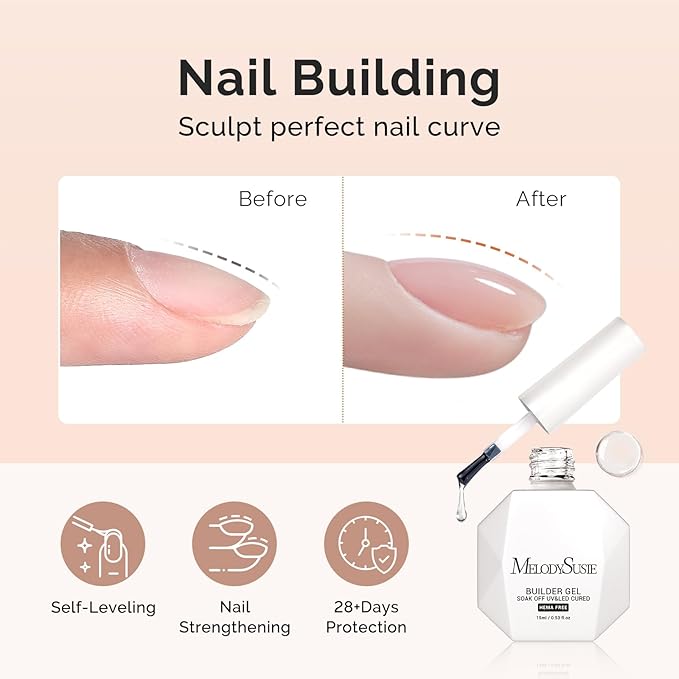 MelodySusie Hema Free Builder Nail Gel for Nails Thickening, 0.5 Fl Oz, Soak Off UV Extension Gel, Nail Art Design Salon DIY Manicure at Home for Women 3PCS