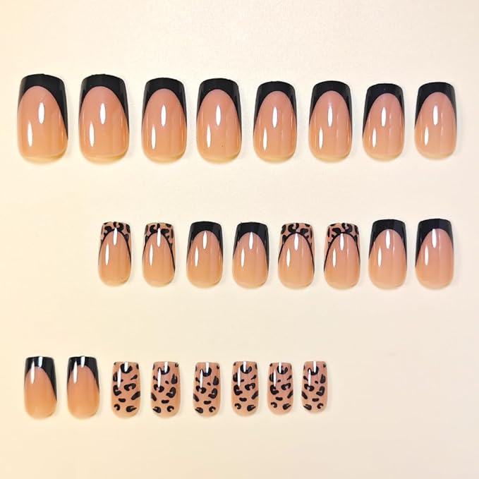 Black French Tip Press on Nails Short Square Fake Nails Glossy Leopard False Nails Press ons Reusable Artificial Nail Full Cover Stick on Nails for Women Manicure 24 Pcs