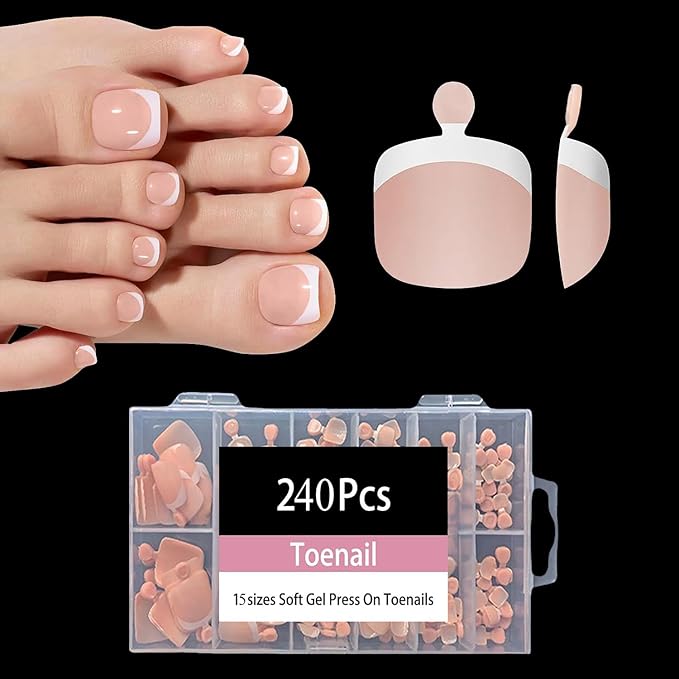 240Pcs Toe Press on nails, Short Nude Square Toe Nail Press Ons for Women in 15Sizes, French Tip False Toenails Extension, Soft Gel Toe Nail Tips, Acrylic Full Cover Fake Toenails for Girl