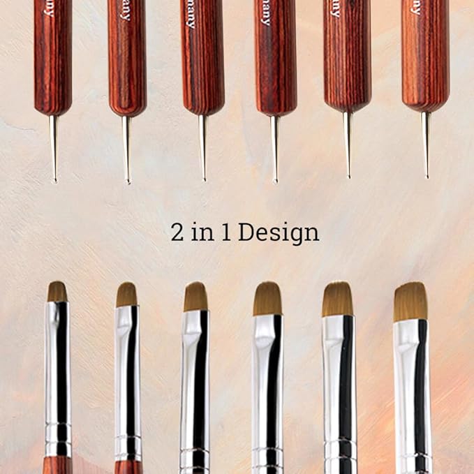 French Nail Brush -2 Way French Gel Acrylic Nail Art Brush with Dotting Manicure Tool for Manicure Cuticle Clean Up Nail Art Design- Professional Nail Salon Quality Brush, Nail Dotting Pen (Red, 6#)