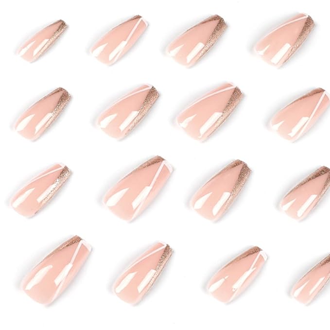 Long Press on Nails Square French Fake Nails Full Cover Nude Acrylic False Nails for Women and Girls 24PCS (Bling Multicolor)