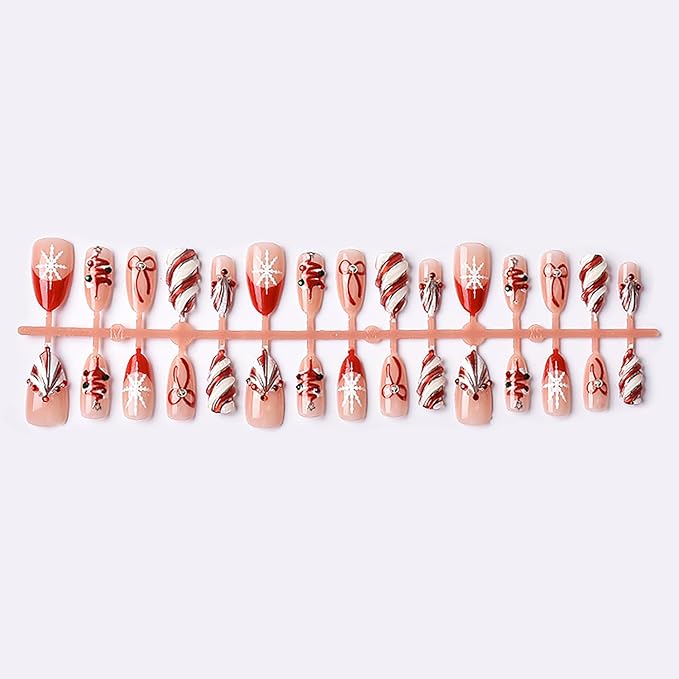Christmas Press on Nails Medium Almond French Tip Fake Nails with 3d Bow Rhinestones Designs Winter Snowflake Glue on Nails Xmas Tree Full Cover Artificial Acrylic Nail for Women Nail Supplies 30pcs