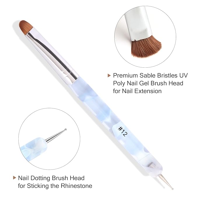 French Manicure Brush - Two Way Nail Art Brush with Dotting Tool for Cuticle Clean Up & Nail Art Design - Professional Salon Quality, Blue (12#)
