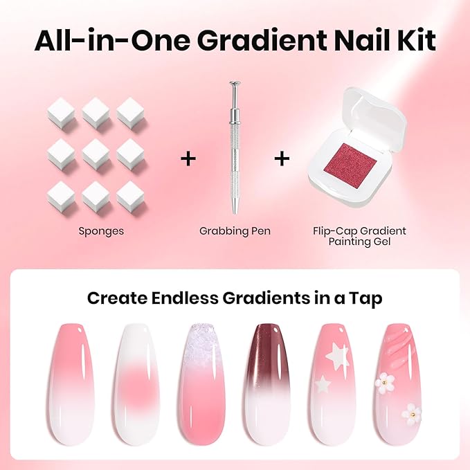 Beetles 150Pcs Soft Nail Sponges for Ombre, White Nail Sponge with Grabbing Pen, Pink Pat Painting Gel Polish Kit for Gradient Ombre Blush Chrome Design Nails Art Tools, Home DIY Salon Manicure