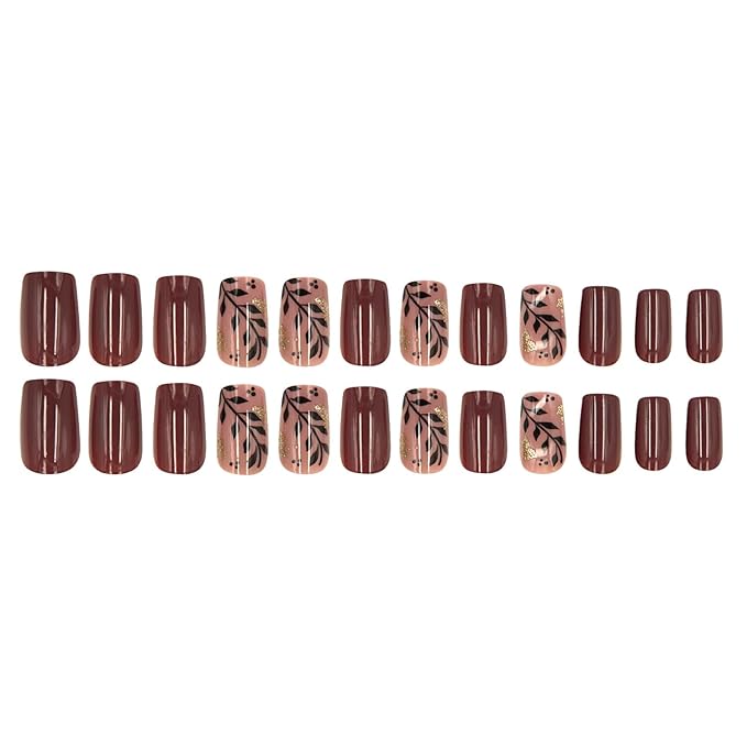 Brown Press on Nails Medium Square Fake Nails Fall Winter Nails Press ons with Gold Foil & Leaf Design,Reusable Artificial Nails Glossy Full Cover Glue on Nail Stick on Nails for Women Manicure 24Pcs