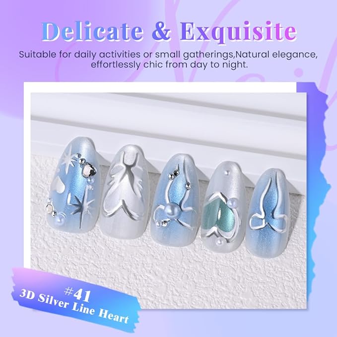 evpct White Blue 3D Shimmery Press on Nails Short Almond with Silver Line Heart Design, Cat Eye Pearl Stick on Nail for Women Gift, Reusable Full Cover Soft Gel Press on Fake Nail with 3D Design