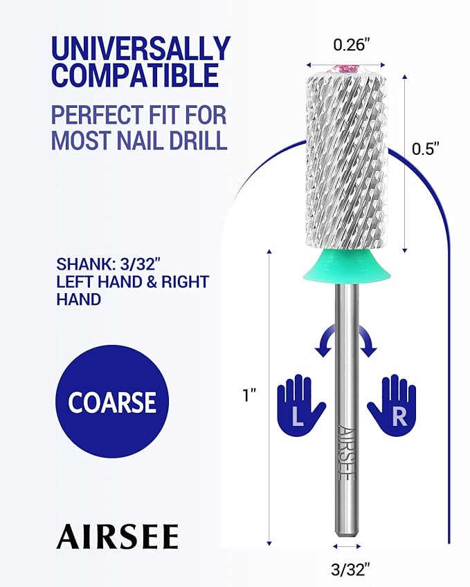 AIRSEE Tungsten Carbide Acrylic Nail Drill Bit Efile Electric File Machine Head Tip for Manicure Polishing Art Remove Gel 3/32" 2 Way Beginner Safety Pink Crystal Top Barrel Coarse-C