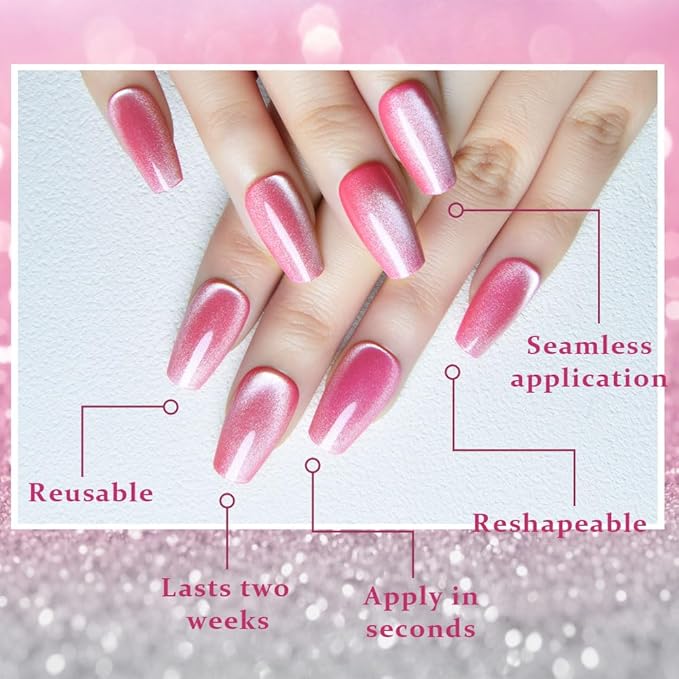 evpct Rose Pink Cat Eye Coffin Press on Nails Square Medium, Medium Square Stick on Nail for Women, Rose Pink Metallic Glitter Glossy Reusable Summer Soft Gel Press on Acrylic Fake Nail with Designs