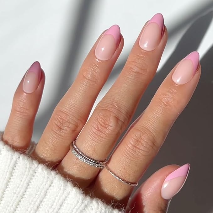 Valentines Day Glamnetic Press On Nails - Pink Macaron | Semi-Transparent Light Pink Pastel French Tip Short Almond Fake Nails in a Glossy Finish, Salon Quality | 15 Sizes - 30 Nail Kit