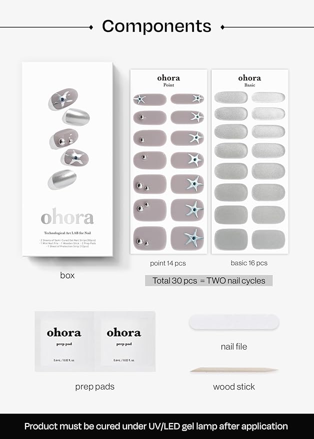 ohora Semi Cured Gel Nail Strips (N Chrome Muse) - Works with Any Lamps, Salon-Quality, Long Lasting, Easy to Apply & Remove - Includes 2 Prep Pads, Nail File & Wooden Stick